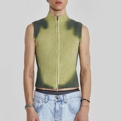 Streetwear Men Knitted Vest Pullovers New Men's Turtleneck Sleeveless Top Sweater Zipper Tie-dye Clothing 2024 Autumn