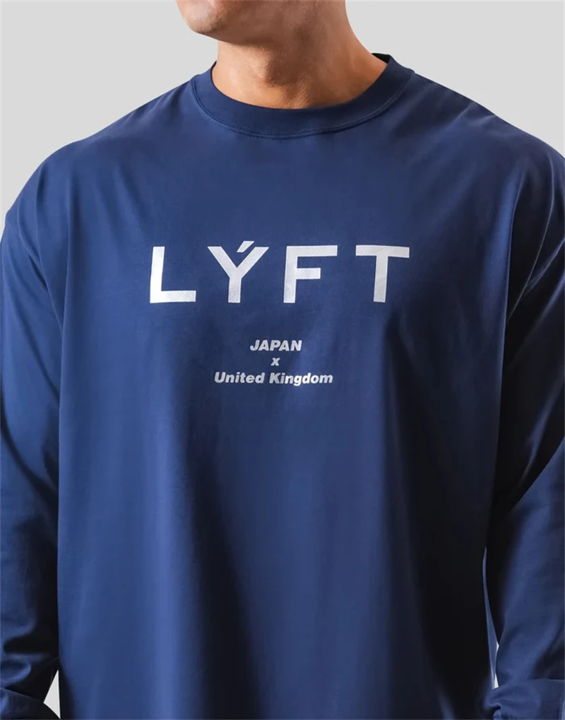 LYFT JAPAN & UK nadruk z długim rękawem 100% męski T-shirt bawełniany siłownia kulturystyka trening Casual T Shirt męska koszulka bluzki sportowa