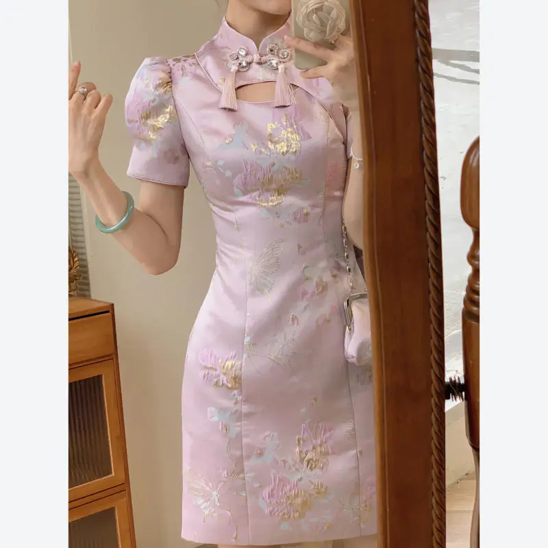 2024 new chinese style improved qipao republic of china style french dress women elegant cheongsam qipao sexy hollow out dress