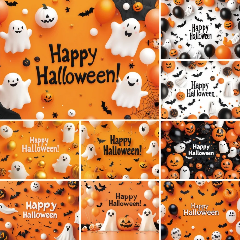 Happy Halloween Backgrop Pumpkin Party Yellow Photo Spider Web Bat Ghost Demon Balloons Decoration Shooting Props Banner