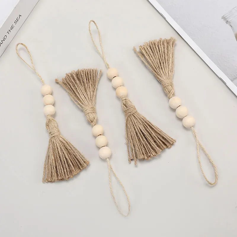 

1pcs Tassel Fringe Jute Rope Tassels with 3 Wood Beads Hemp Burlap Tassels for DIY Craft Curtain Home Party Decorations