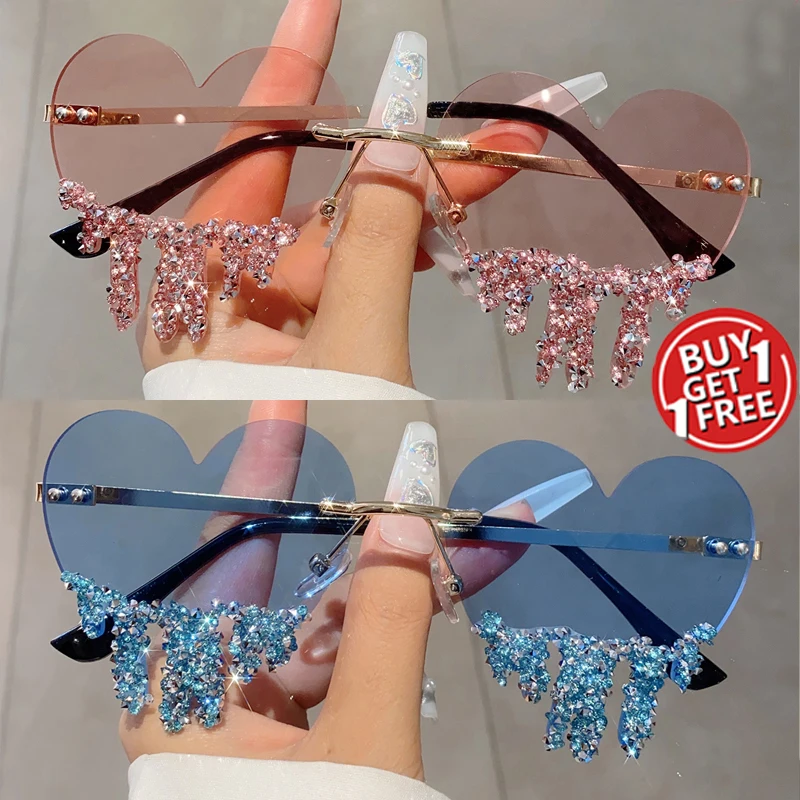 KAMMPT 1/2 Pairs Heart Shaped Sunglasses with Rhinestones Women Fashion Rimless Rave Shades Trendy Original Design Sun Glasses