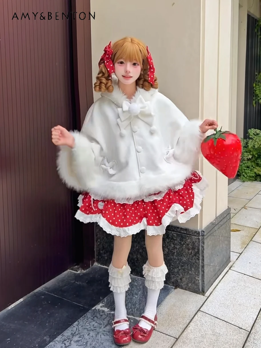 

Lolita Style Sweet Bunny Ear Hooded Bow Plush Cape Coat Winter Thickened Warm Cute Cloak Shawl Coat for Women Kawaii Woolen Top
