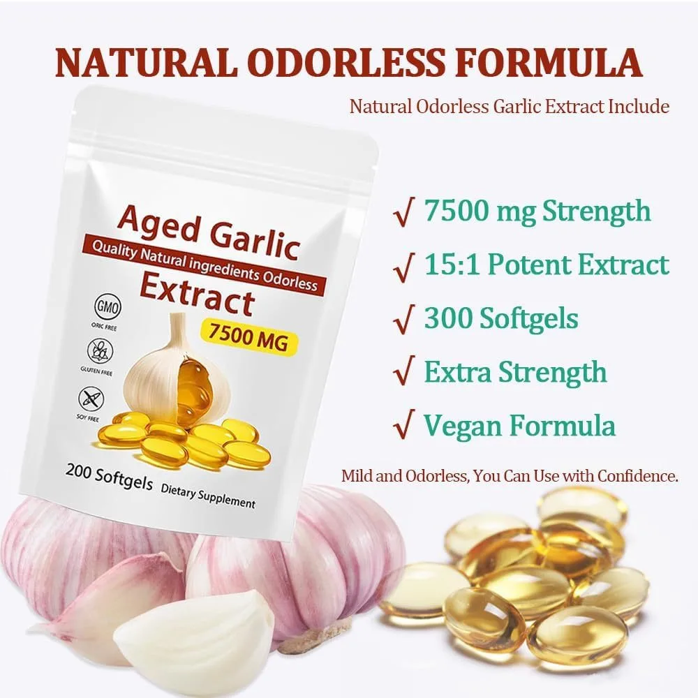 

300 Capsules Odorless Aged Garlic Extract Softgels - Supports Heart Health, Respiratory, Immune Health, Cleansing Detoxification