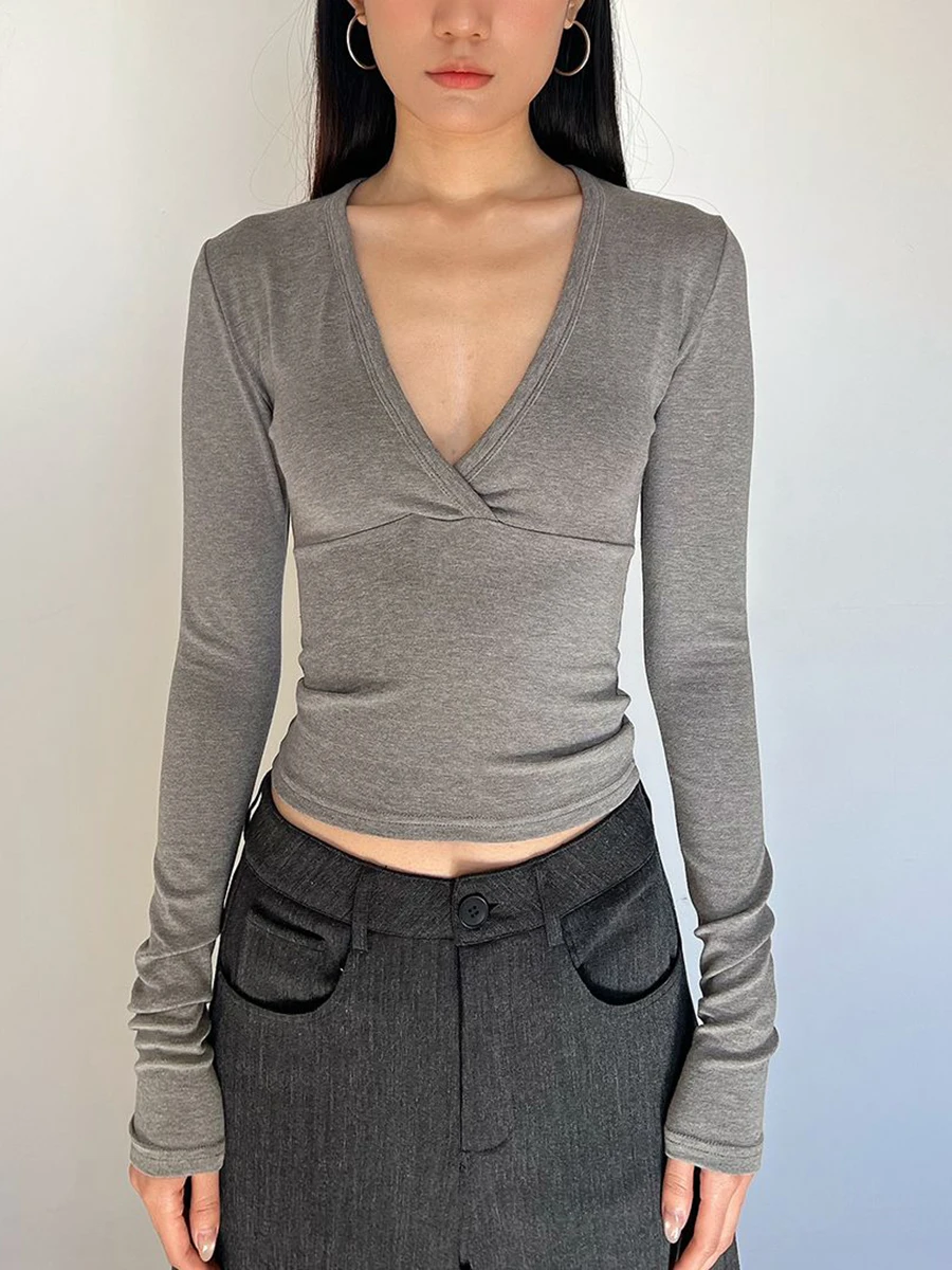Kreuz V-ausschnitt Langarm T-shirts Frau Herbst Baumwolle Schlank Crop Top Weibliche Casual Einfache Feste Alle-spiel Grundlegende t-shirts Y2k Tops – Detail 4