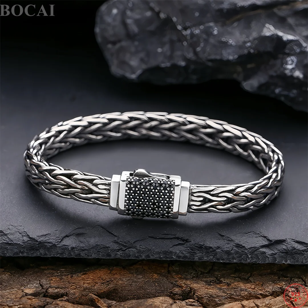 BOCAI New S925 Sterling Silver Charms Bangle for Men Antique Woven  Chain  Micro Zircon Wide Bracelet Fine Choice Jewelry