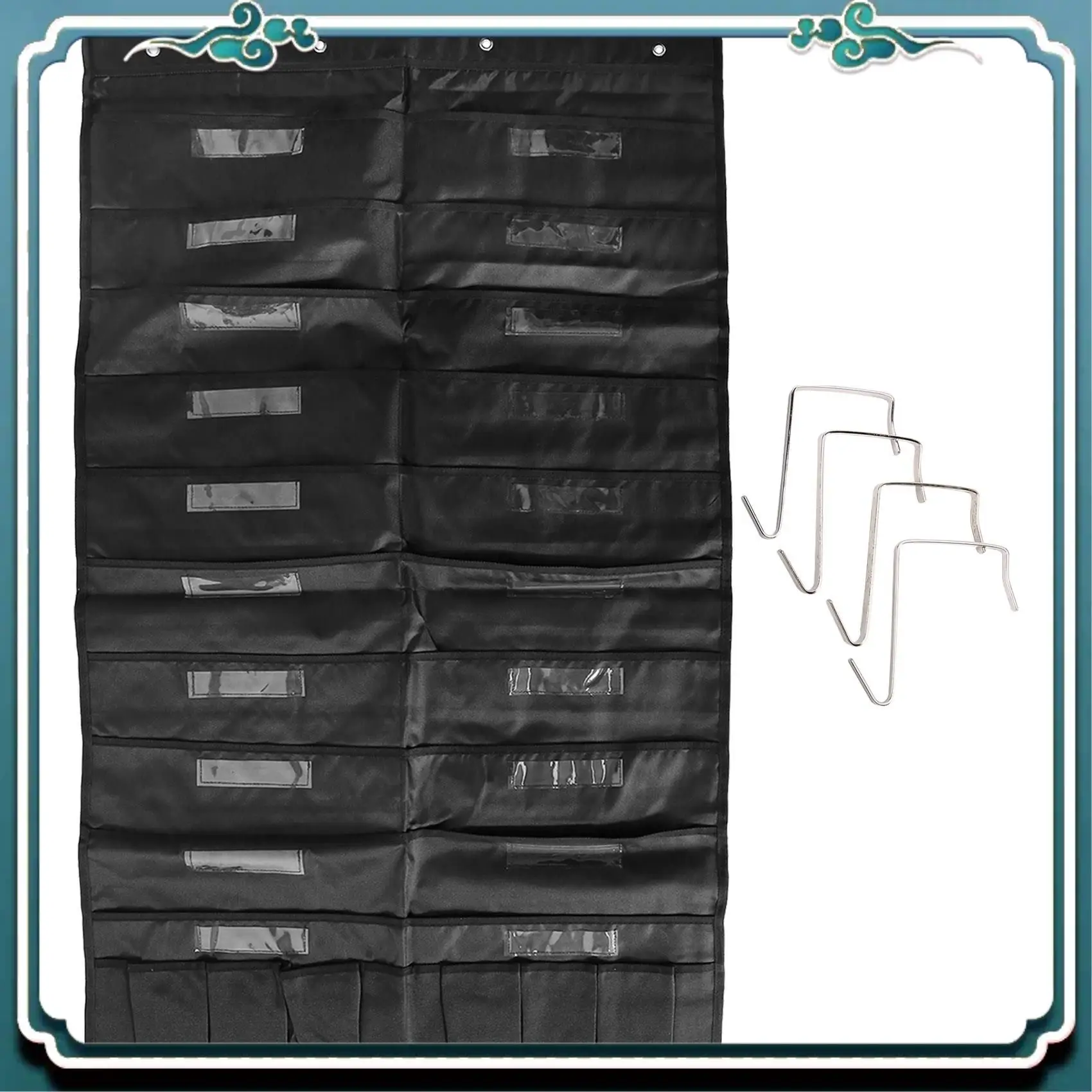 منظم ملفات معلق للباب مكون من 20 جيبًا مع علامة اسم، مخطط جيب للتخزين على الحائط باللون الأسود مع 4 شماعات، رائع للفصل الدراسي #4