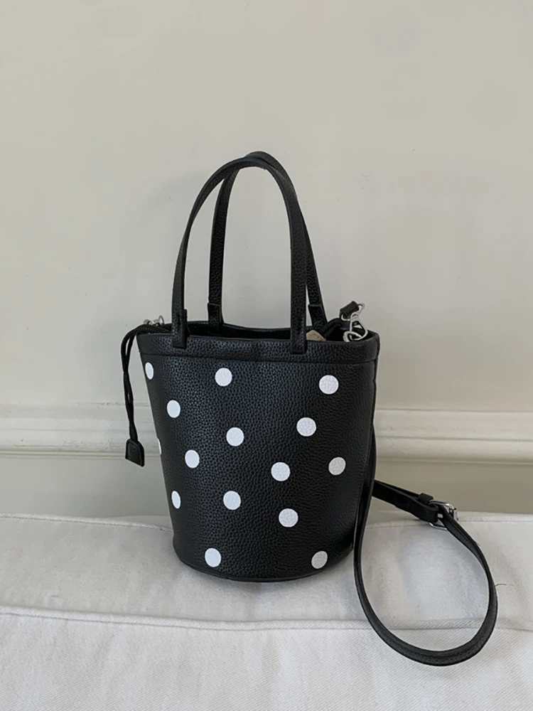

Trendy Polka Dot Bucket Bag For Women Vintage Large Capacity Shoulder Pack Female Buckle Handbag Simple Commuting Crossbody Bags