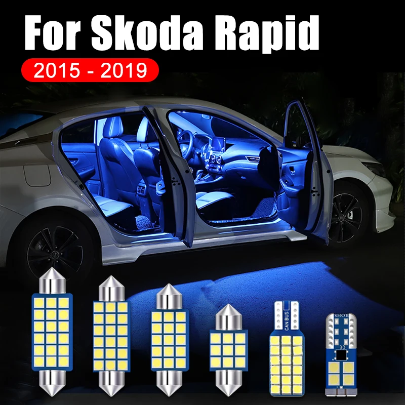 For Skoda Rapid 2015 2016 2017 2018 2019 6PCS Error Free 12V Car LED Bulb Interior Dome Reading Lights Trunk Lamps Accessories