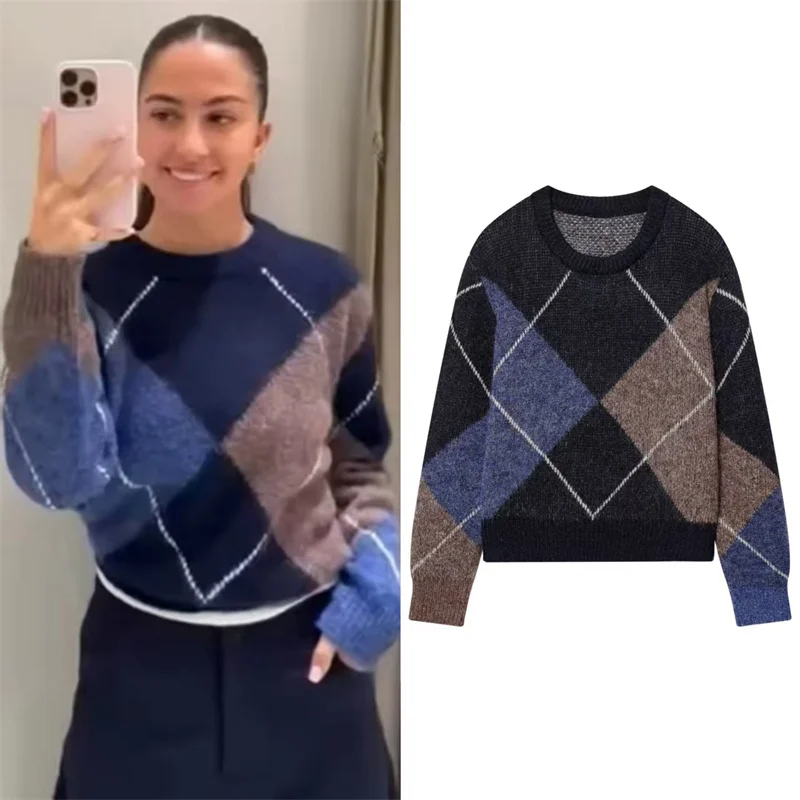 

Women's Top 2026 Spring New Color-Block Diamond Pattern Long-Sleeve Crew Neck Pullover Knit Top Casual Fashion Versatile Style