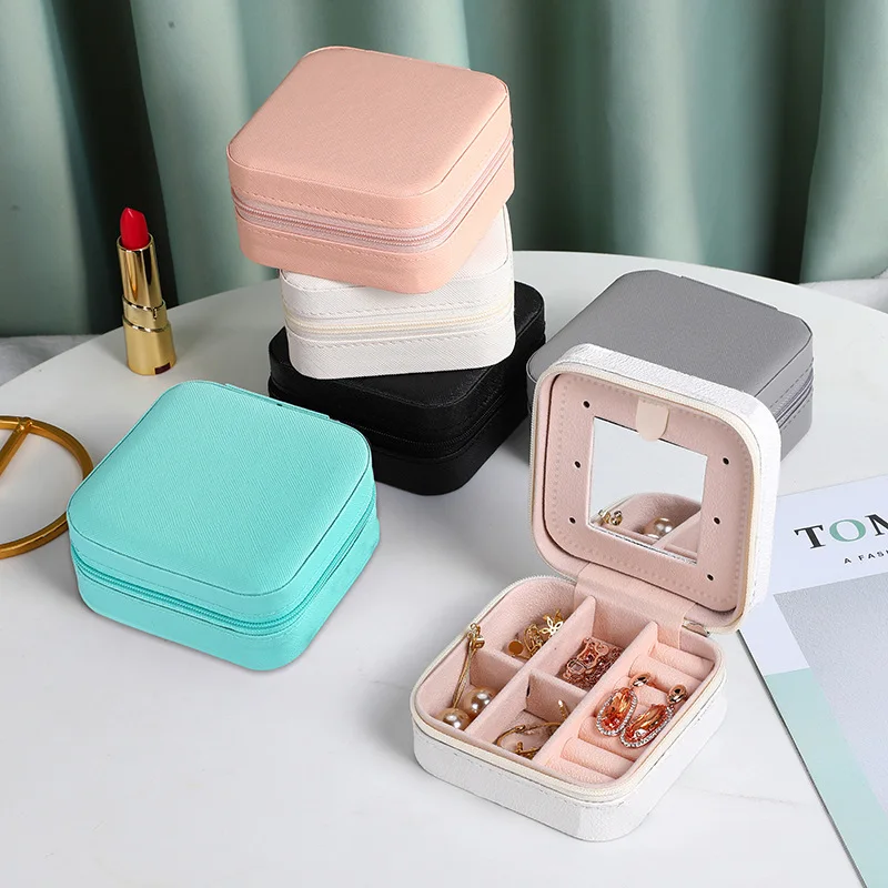 Simple storage jewelry box PU Mirror jewelry box Portable travel earrings necklace storage box