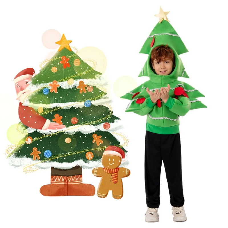 

Christmas Tree Cosplay Costume Green Cute Top Coat Role Play Outfit School Stage Performance Clothes for Children Boys Girls