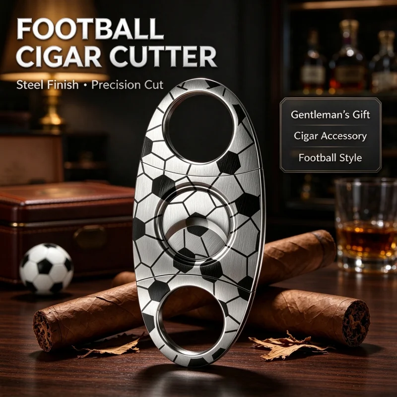 Stainless Steel Cigar Cutter Gift Kit Football Pattern Engraved Clipper With Leather Case Gift Box Portable Smoking Accessories