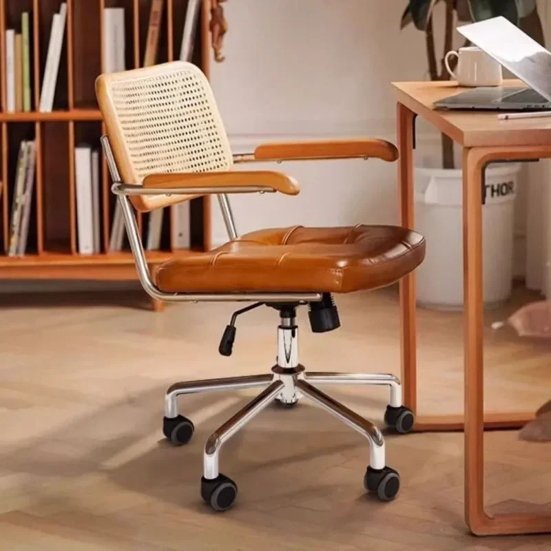 

Стул со спинкой из ротанга, винтажный компьютерный офисный декор, подъемный и вращающийся домашний обеденный стул для кемпинга, обеденная кухонная мебель