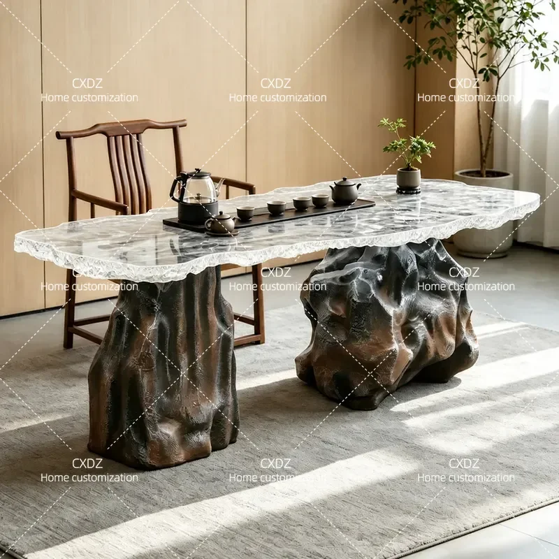Art Glacier Resin Tea Table Special Shaped Stone Base Transparent Coffee Table for Villa Homestay Tea Room Living Room
