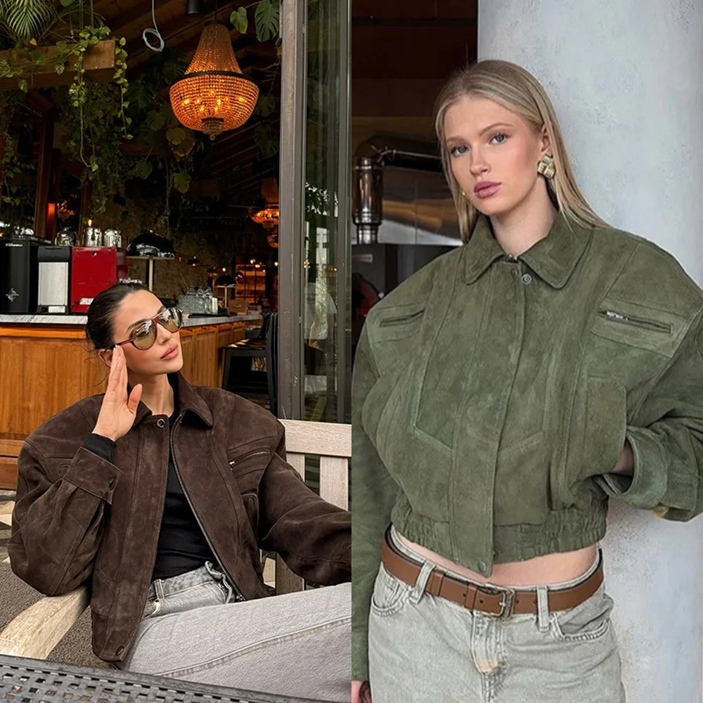 

Fashion Short Brown Suede Jacket Women Chic Lapel Long Sleeve Pocket Zipper Cropped Coat Autumn Lady Highstreet Commute Outwear