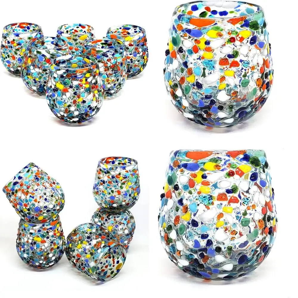 

Set of 6 Confetti Rocks 16 oz Recycled Glass Stemless Wine Glasses - Lead and Toxin Free
