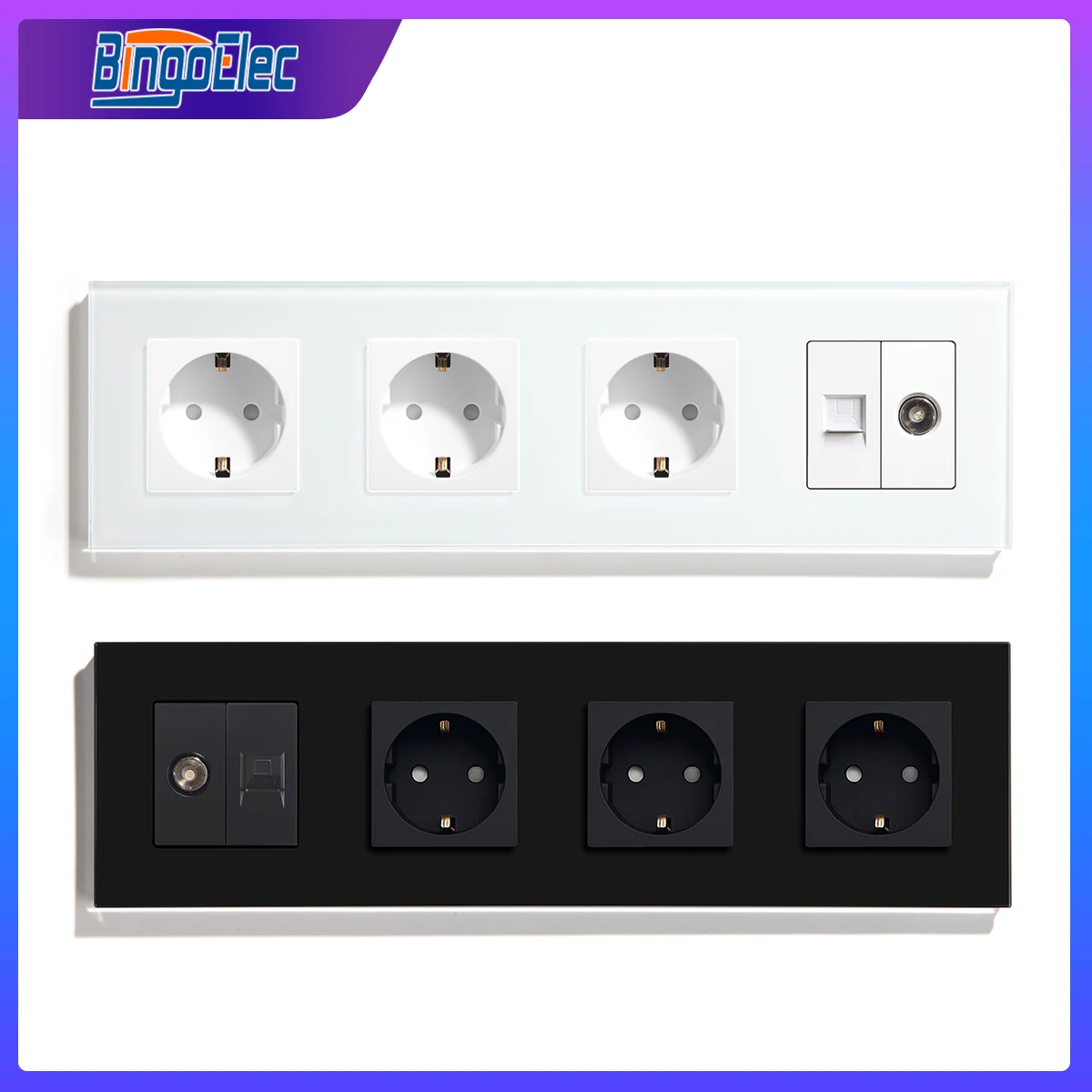 Bingoelec EU Standard Triple Wall socket TV Computer Internet Rj45 network connector Glass Panel White Black Home Improvement