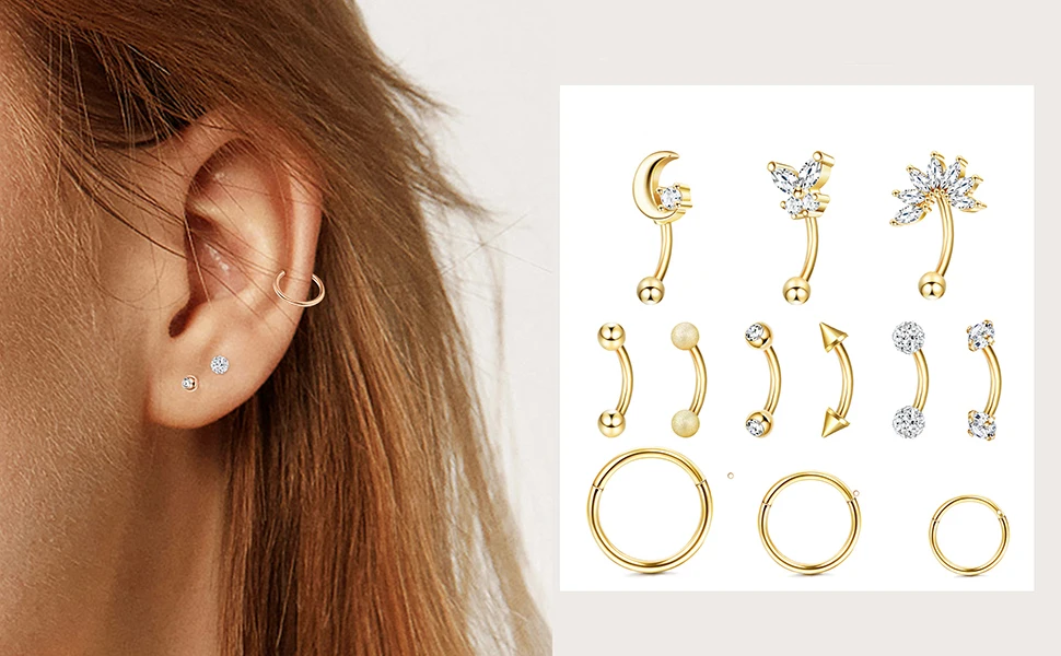 Drperfect 1 Stück 16G Augenbrauenringe aus Edelstahl, Bauch-, Lippen-, Knorpel-, Rook-, Daith-, Tragus-Ohrringe mit CZ, gebogener Barbell-Piercing. – Detail 3