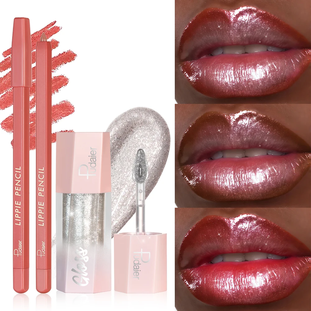 2Pcs Lip Liner & Shimmer Lip Gloss Set Defining & Sparkling Plumping Long Lasting Lip Makeup Kit