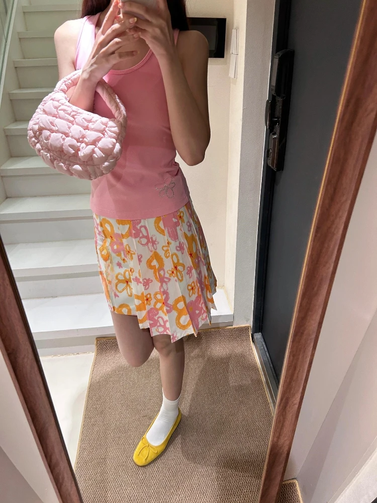 

American Style Floral Print Skirt Casual High Waist Pleated Summer New Arrival Women's Fashion A-Line Half-length Skirt