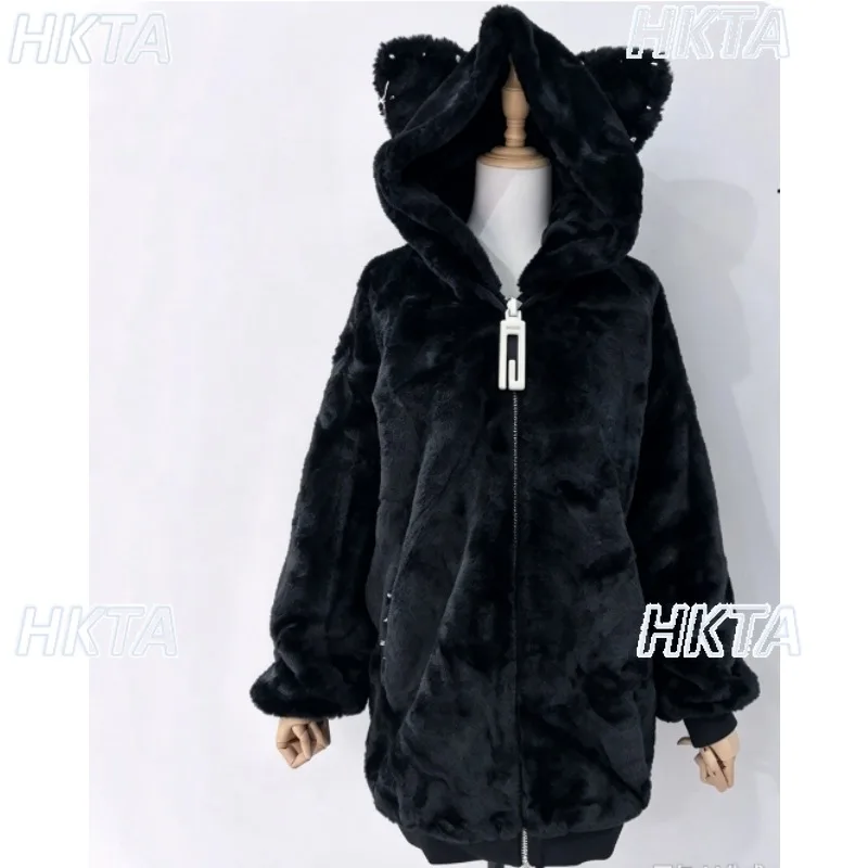 Japanese Subculture Dark Y2k Goth Punk Rivet Sweet Cool Fur Jacket Female 2026 Autumn Winter New Cute Loose Hooded Coat Women