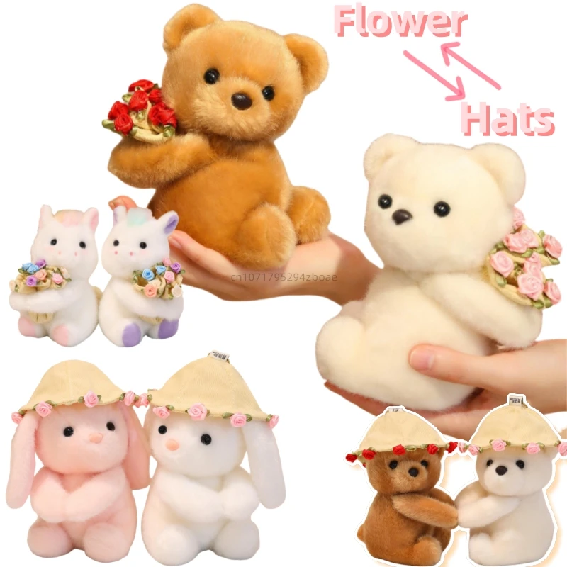 

15cm Fun Rose Joint Animal Plush Doll Flower Into Hat Couple Unicorn Rabbit Bear Plush Toy Valentine's Day Gift For Girlfriend