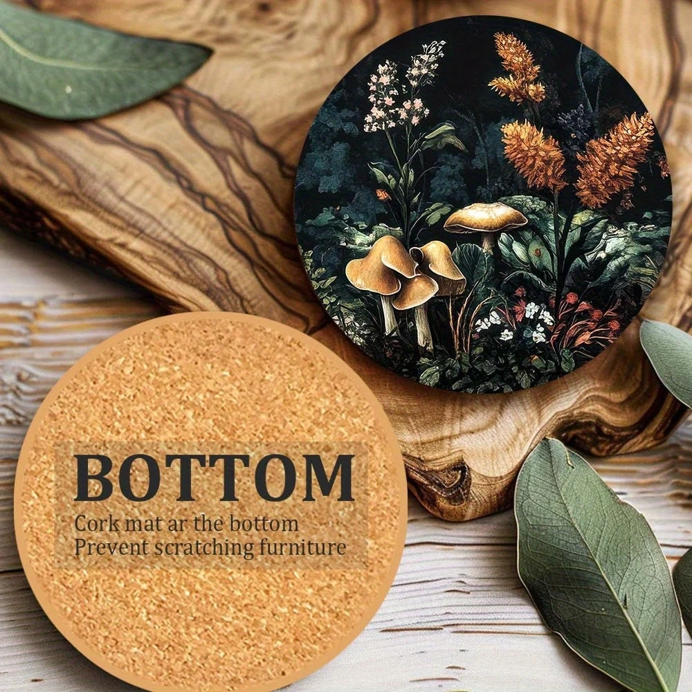 Set of 6 2D Mushroom Theme Pattern Art Coasters Round Wooden Heat Resistant Non-Slip Home Decor Gift Multifunctional Decoration