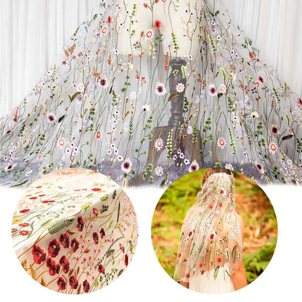 Green Flower Crypto Aquatic Grass Embroidery Lace Soft Mesh Fabric DIY Wedding Women's Fashion Prom Dress Bridal Veil Tutu Skirt