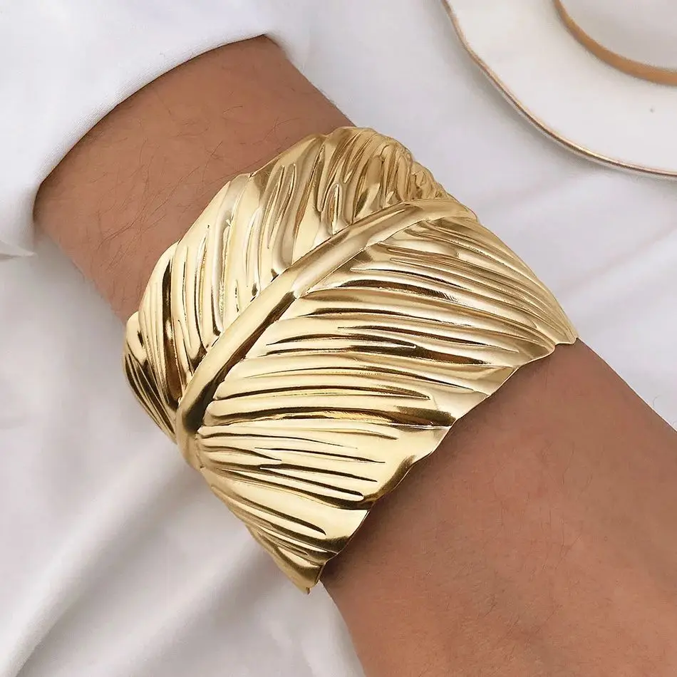 DIEZI Punk Gold Color Leaves Cuff Wide Bangles Vintage Fashion Metal Bangle For Women Men Bracelets 2024 New Party Jewelry