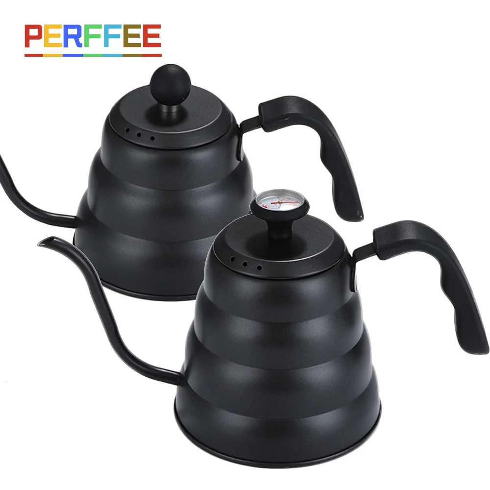 1L/1.2L Black Drip Kettle Thermometer Pour Over Coffee Pot Swan Long Neck Stainless Steel Thin Mouth Gooseneck Cloud Drip Kettle