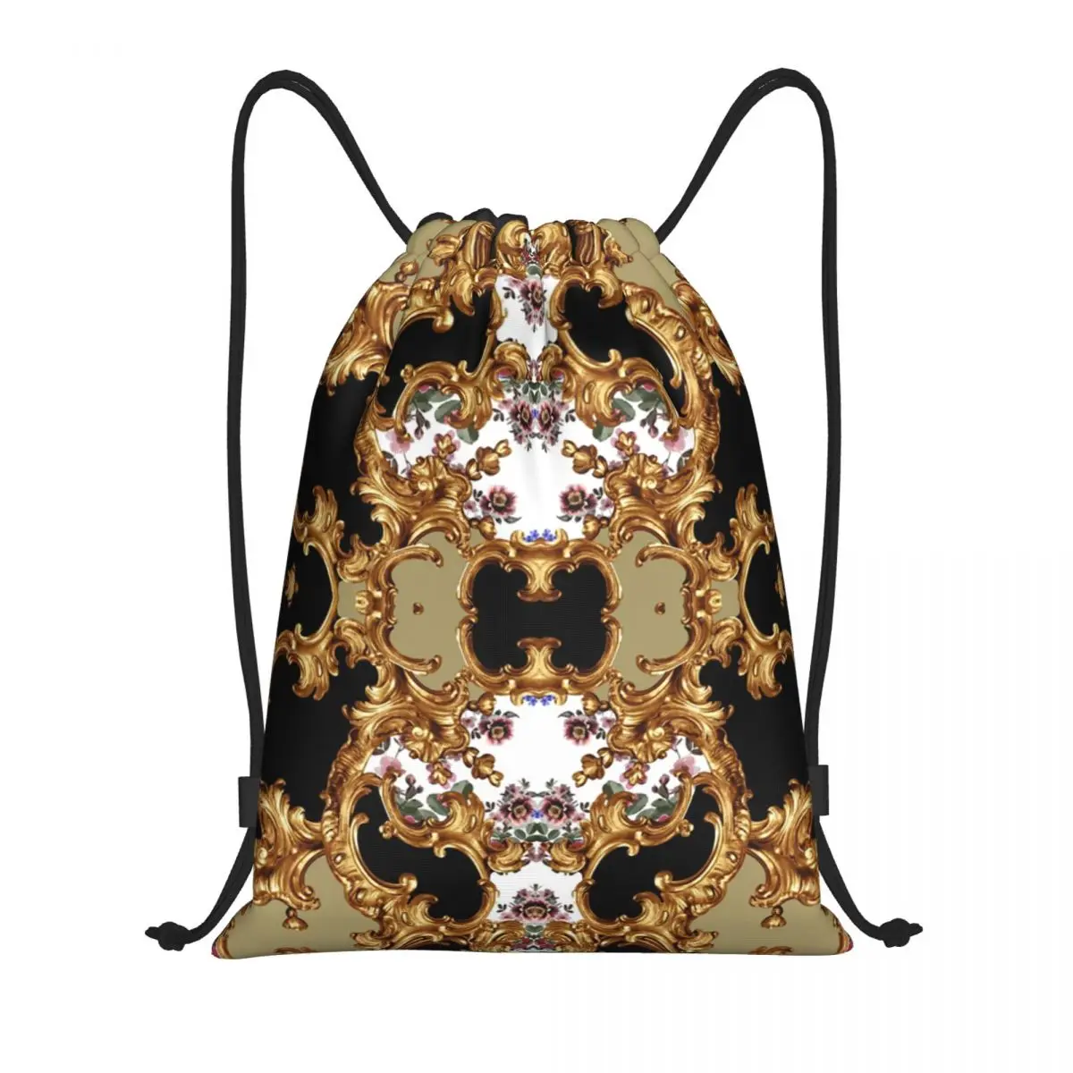 Custom Gold Baroque Elegance Drawstring Bag for Training Yoga Backpacks Women Men Geometric Patterns Sports Gym Sackpack