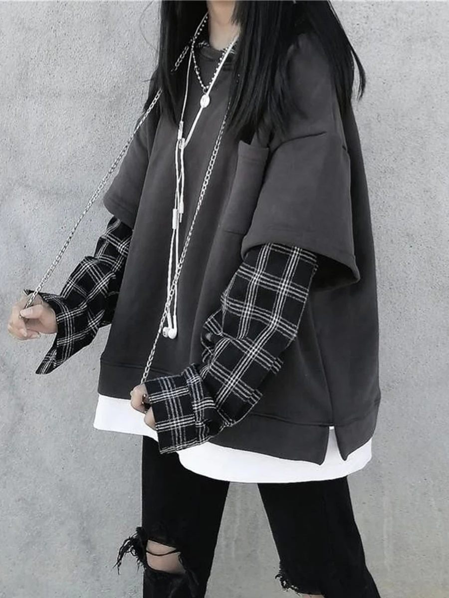 Fake Two Piece Hoodie Women Harajuku Plaid Sweatshirts Japan Kawaii Hoodie Casual Pullovers Tops Gray Oversize Basic Hoodies