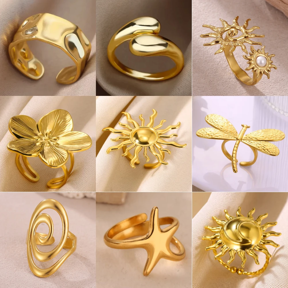 Stainless Steel Exaggerated Sunflower Ring For Women Men Fashion Gold Color Punk Flower Open Rings Romantic Jewelry Gift Anillos