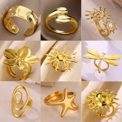 Stainless Steel Exaggerated Sunflower Ring For Women Men Fashion Gold Color Punk Flower Open Rings Romantic Jewelry Gift Anillos
