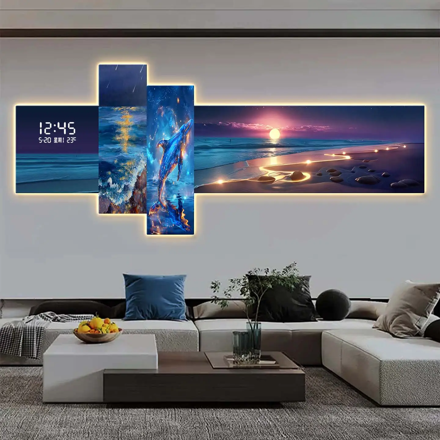 digital display electronic clock sofa background whale modern decorative painting creative relógio de parede interior furniture