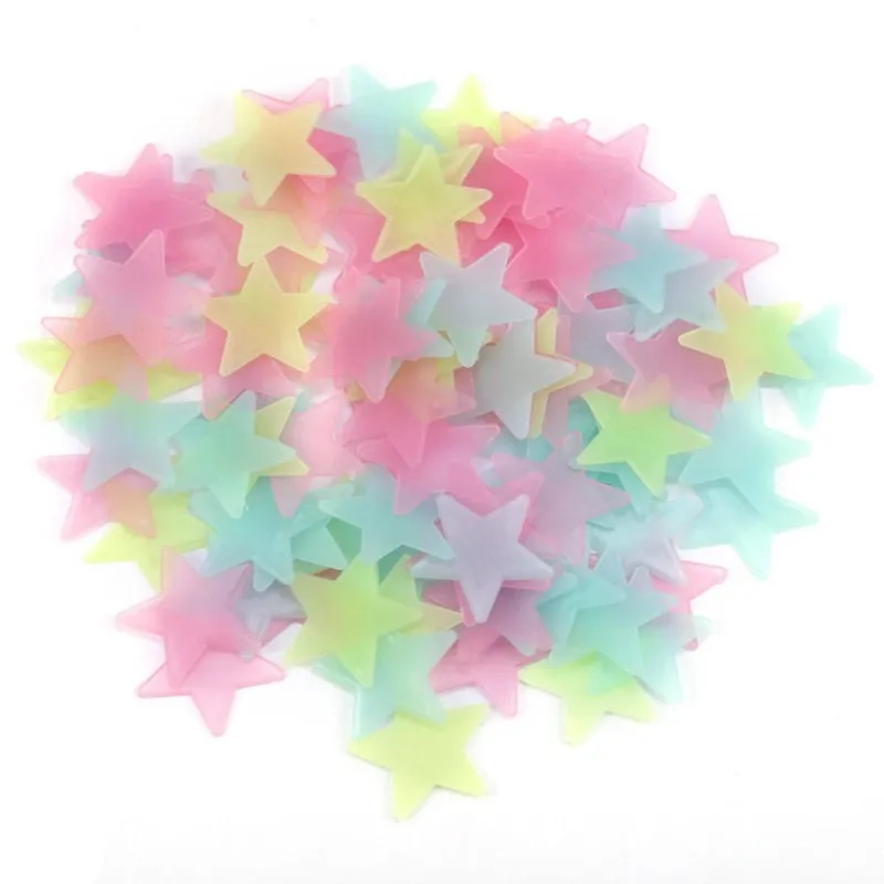 100 Pcs Night Luminous 3D Fluorescent Stars Wall Stickers Glow in The Dark Adhesive Decorations for Kids Bedroom Ceiling