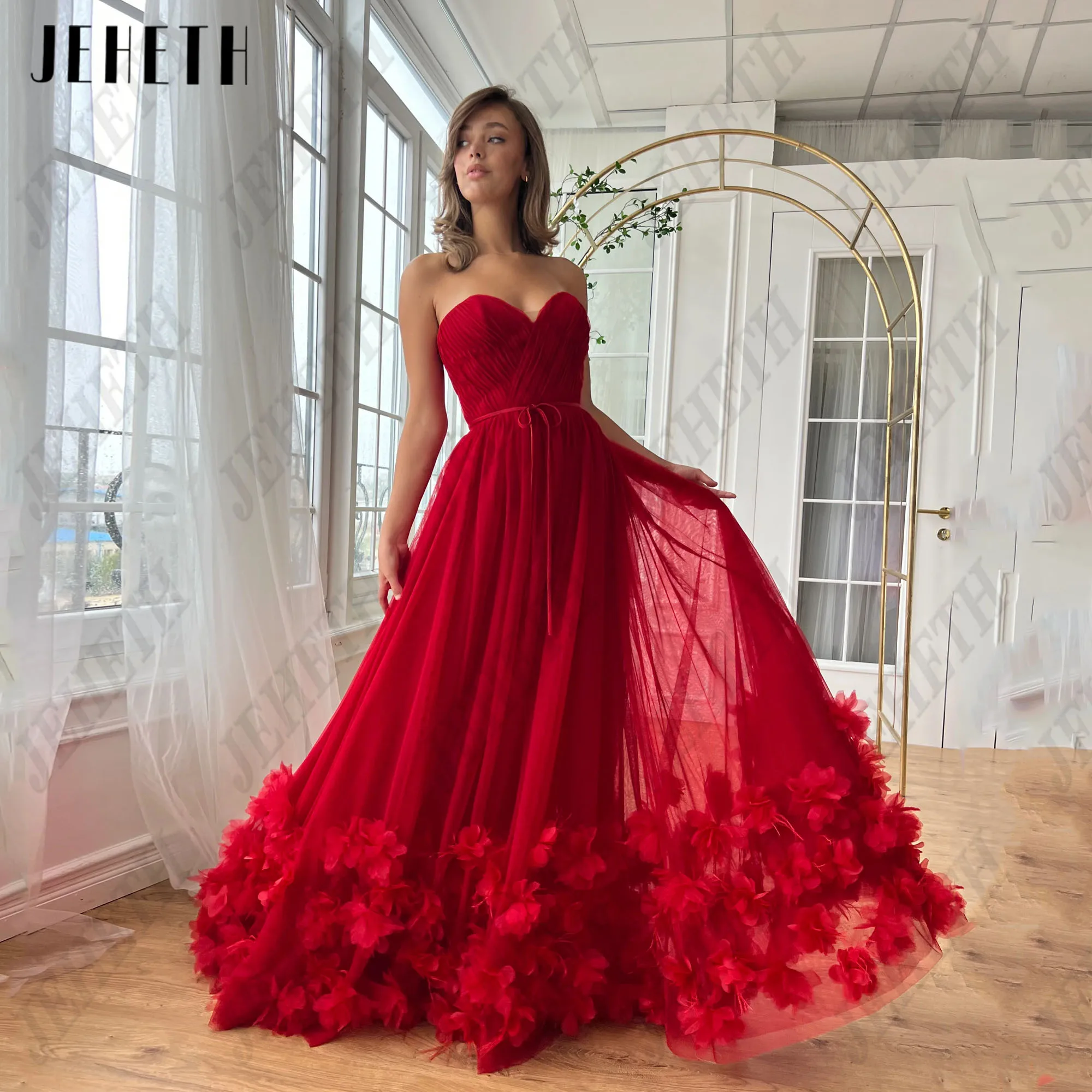 

JEHETH 3D Flowers Fairy Prom Dresses Strapless A-Line Long Evening Gowns Floor Lenth Wedding Party Gowns for Women Customize