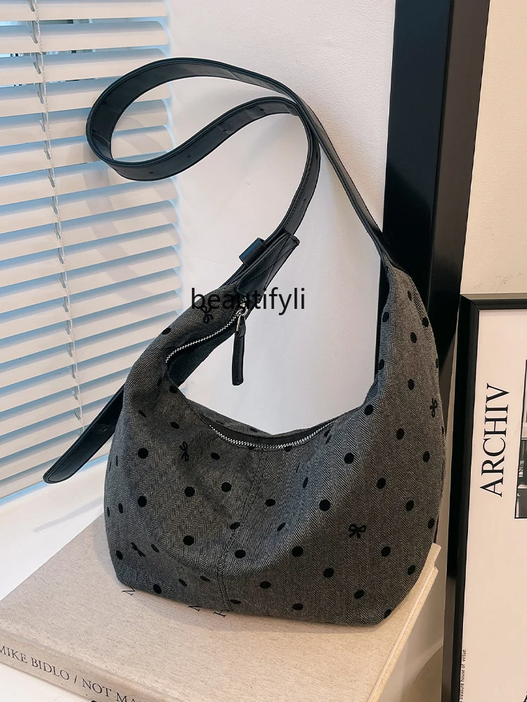 Fashion Trendy Underarm Dumpling Bag New Polka Dot Canvas Bag Large Capacity Shoulder Bag Grade Sense