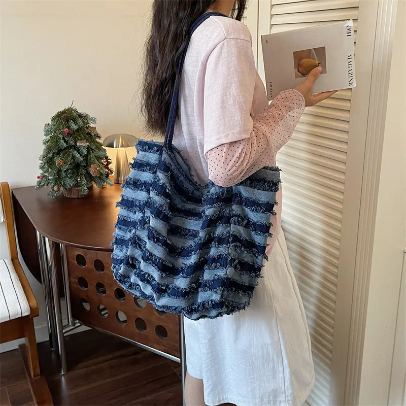 Casual Striped Denim Tote Bag with 3D Raw Edge Splicing Craft for Daily Commute Travel Handheld Canvas Bag