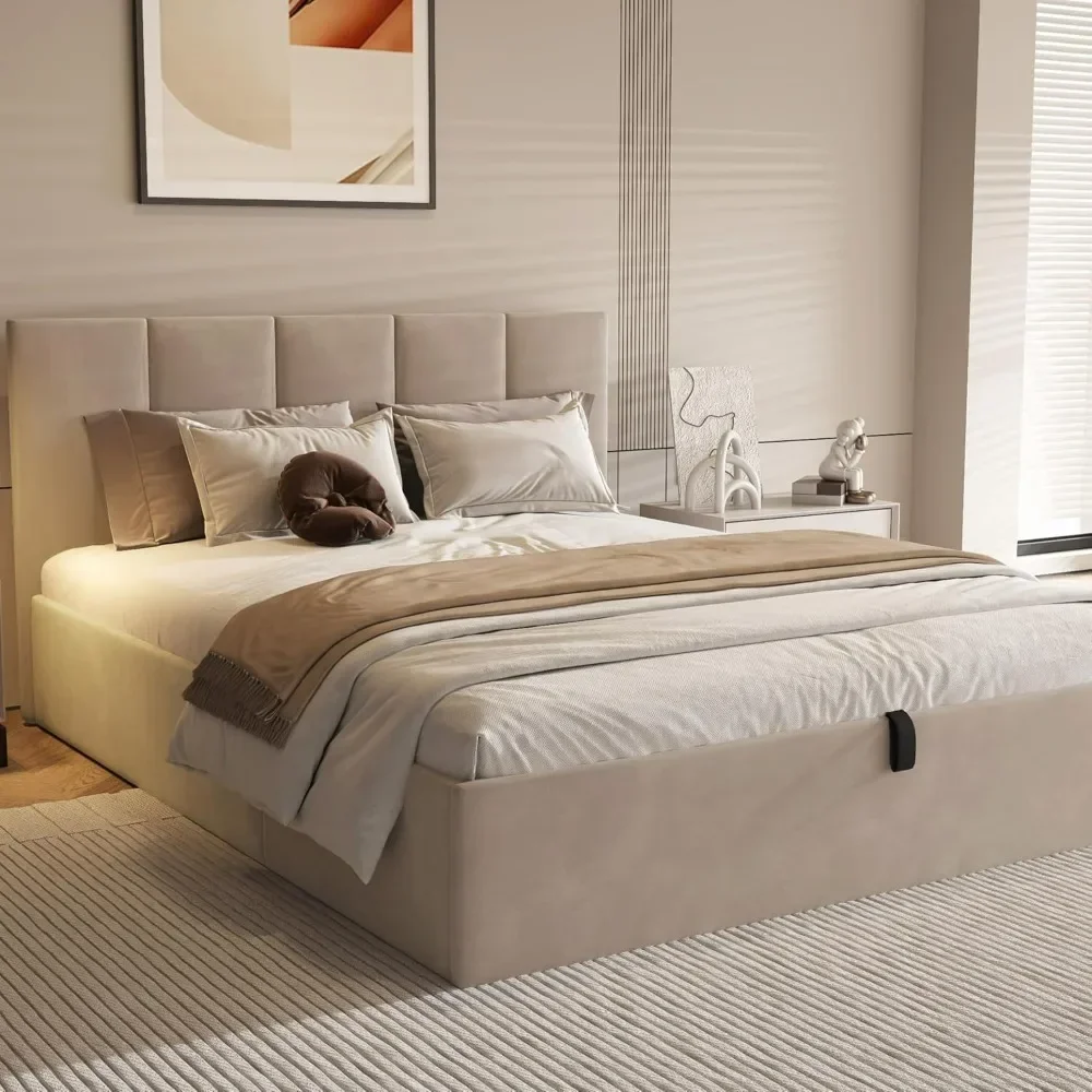 Estructura de cama Queen con almacenamiento, color beige, mecanismo de elevación, tapizado suave, cabecero, capacidad de 800 libras, estructura de cama king size