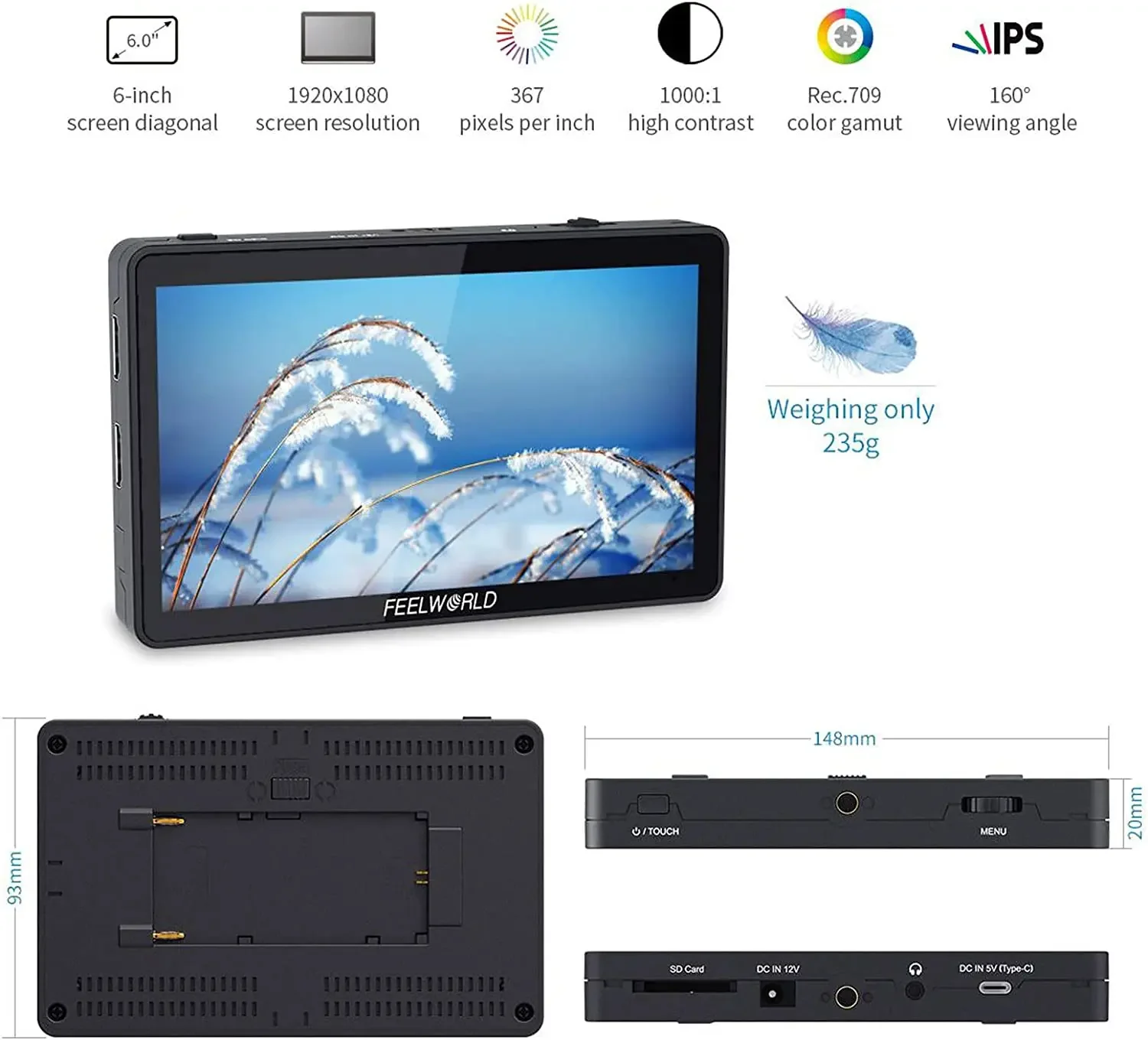 NEU FEELWORLD F6 Plus V2 6-Zoll DSLR IPS Video Peaking Focus Kamera Feld-Touchscreen-Monitor