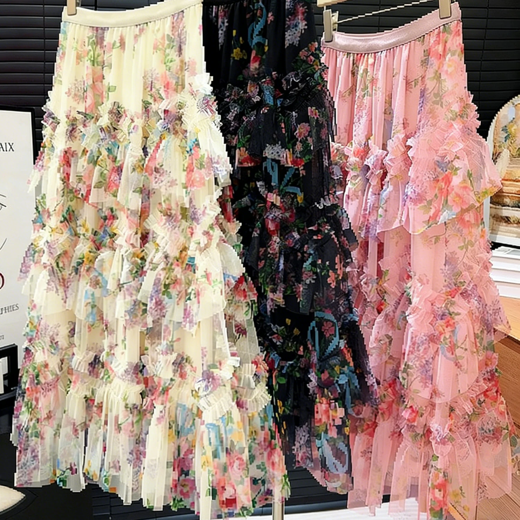 

Bohemian Floral Tulle Maxi Skirt for Women 2026 Ruffle Layered Sheer Mesh Flowy Long Skirt Summer Beach Vacation Party Bottoms