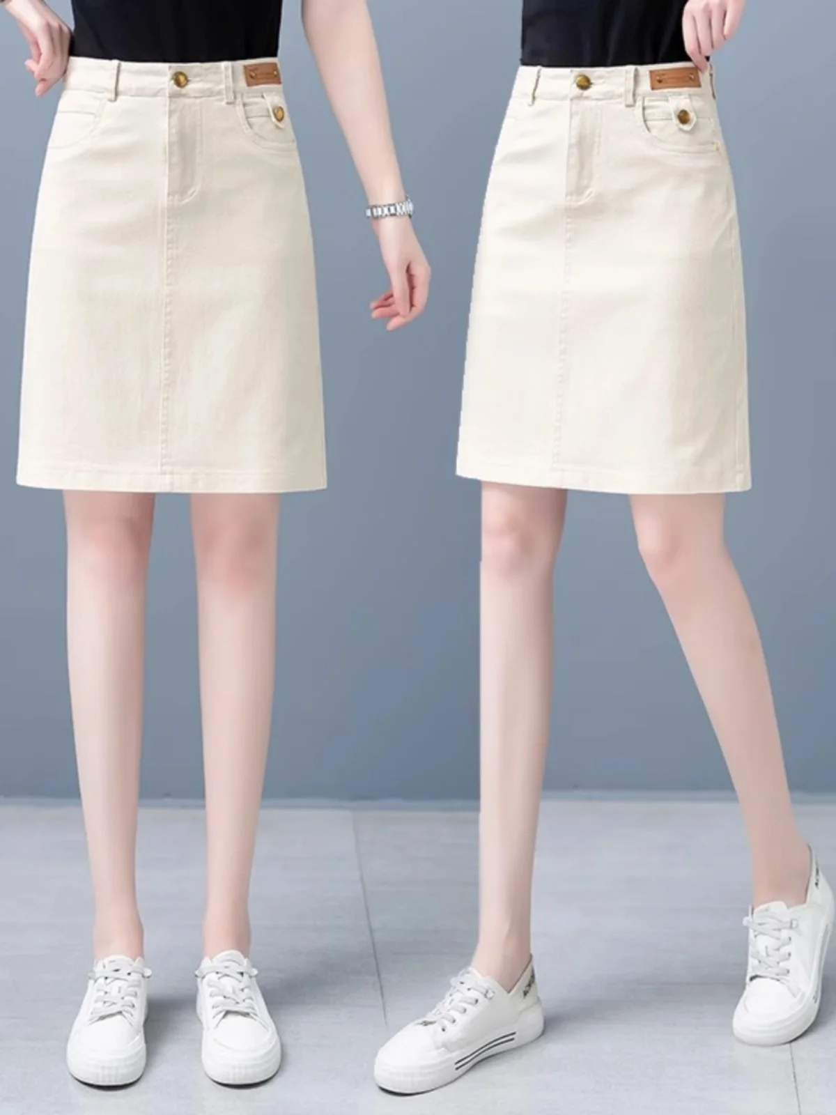 Khaki Casual Mid-Length A-Line Cotton Skirt High Waist Straight Cut Spring Autumn New Style Women's Fashion Versatile Pure Color