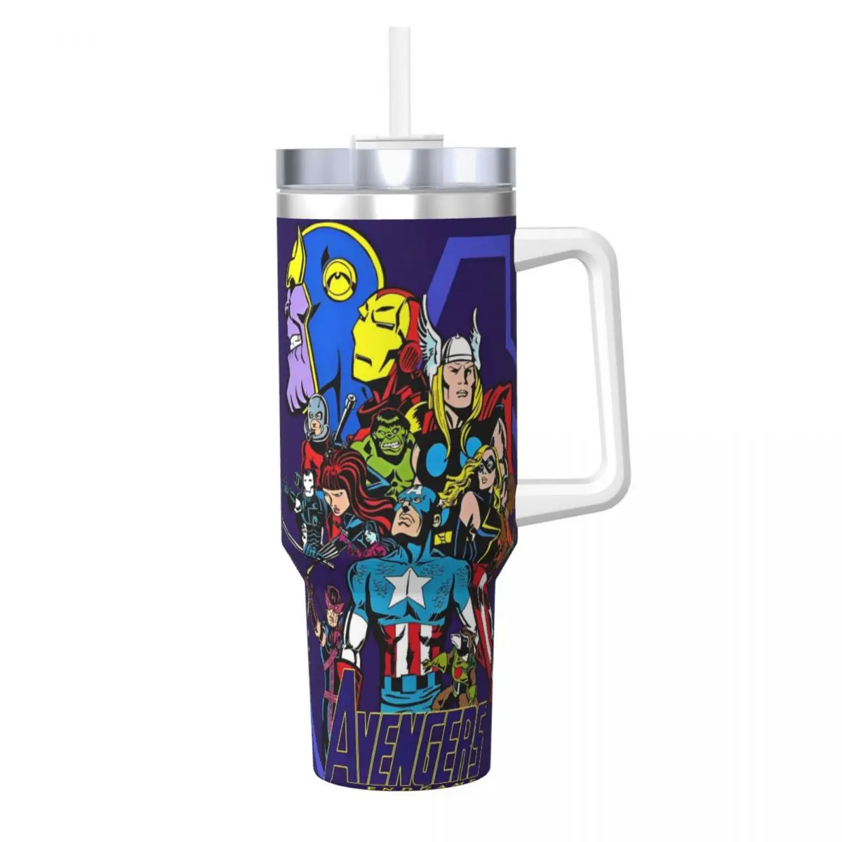 Superhero Avengers Cartoon Stainless Steel Tumbler Driving Coffee Mug With Straws and Lid Large Capacity Hot Drinks Water Bottle