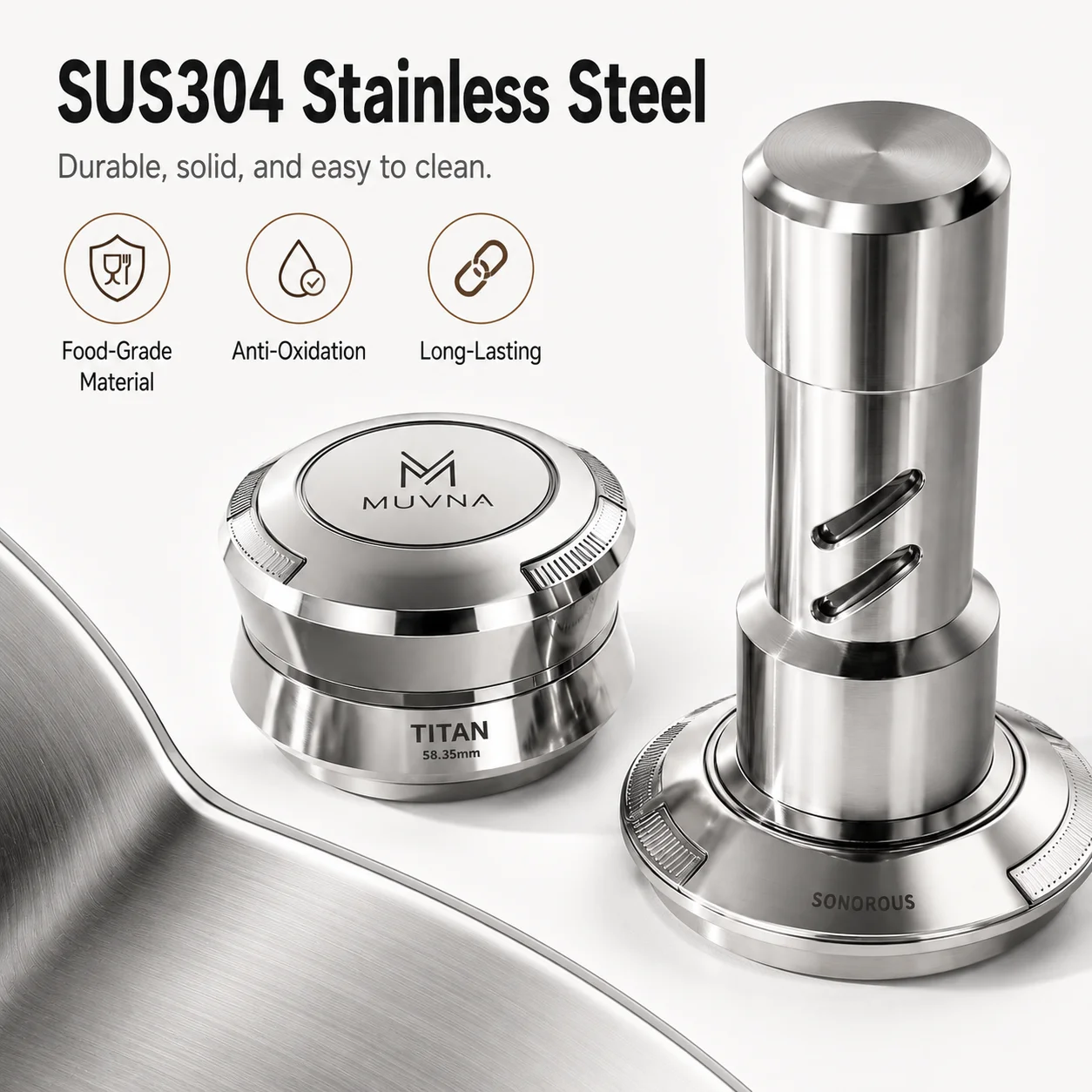 MUVNA Constant Force Espresso Tamper 51/53/58.35mm Stainless Steel Coffee Leveler Thread Gravity 25-35 Pounds Adjustable