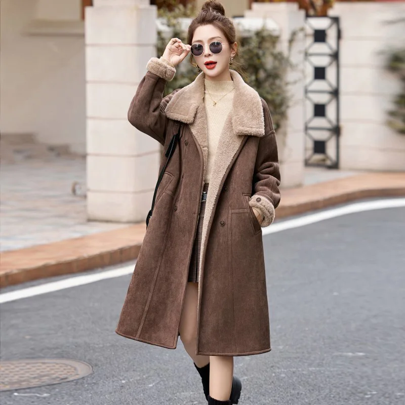 

New Women Autumn Winter Thick Coat Fashion Turn-down Collar Velvet Lining Loose Overcoat Casual Double Breasted Long Coat