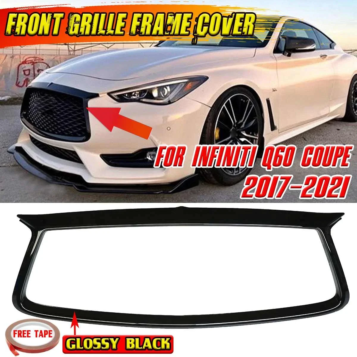 

Q60 Car Front Bumper Grille Trim Overlay Cover Frame For Infiniti Q60 Coupe 2017-2021 Add On Racing Grill Outline Trim Cover