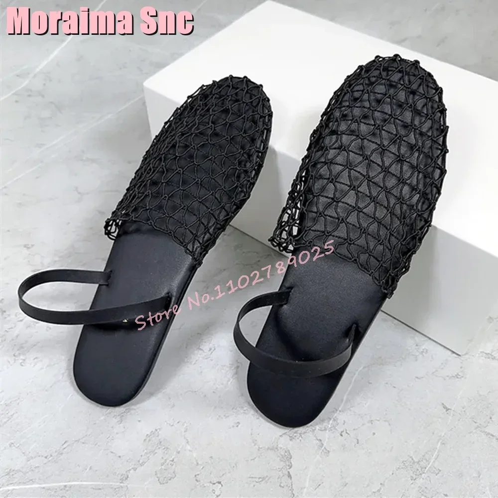 

Flat With Fishing Net Sandals Hollow Round Toe Designer Sandals Women Woven Roman Style Women Shoes Back Strap Black Solid 2024