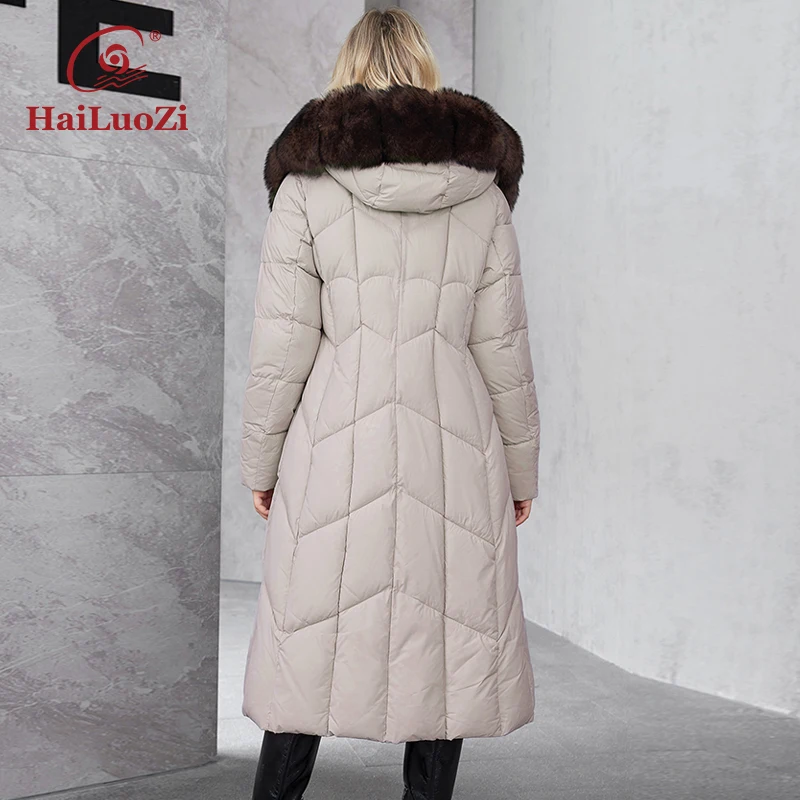 HaiLuoZi 2024 New Women\'s Cotton Clothes Warm Hooded Fur Long Women Parkas Elegant Large Pocket Belt Quilted Women\'s Coat 625